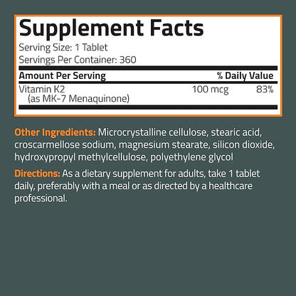 Bronson Vitamin K2 MK-7 100 MCG, K2 as MK7 Menaquinone, Bone Support 1 Year Supply, 360 Tablets