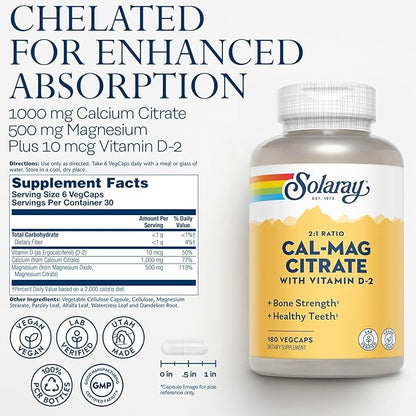 Solaray Calcium Magnesium Citrate 2:1 Ratio - Calcium Supplements for Women and Men w/Magnesium and Vitamin D 2 - Bone Health, Muscle and Nerve Support - Vegan, 60-Day Guarantee, 30 Serv, 180 VegCaps