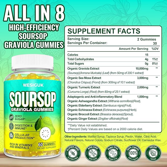 Soursop Graviola Gummies, Max Strength Soursop Leaves Extract with Sea Moss, Turmeric for Cell Support & Regeneration, Immunity, Liver and Antioxidant, Sugar/Gluten Free, Vegan - 60 Soursop Gummies