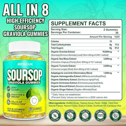 Soursop Graviola Gummies, Max Strength Soursop Leaves Extract with Sea Moss, Turmeric for Cell Support & Regeneration, Immunity, Liver and Antioxidant, Sugar/Gluten Free, Vegan - 60 Soursop Gummies