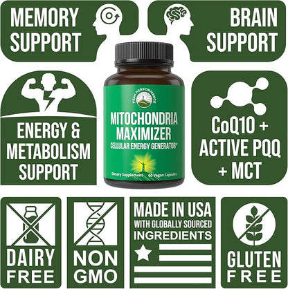 Mitochondria Maximizer with CoQ10 and Active PQQ. Best Mitochondrial Support Supplement with MCT Oil. Natural Cellular Generator for Clean, Focused Energy 60 Vegetarian Capsules