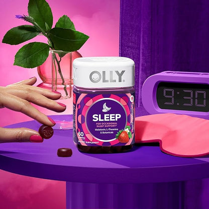 OLLY Sleep Gummy, 3 mg Melatonin, L-Theanine, Chamomile, Lemon Balm, Sleep Aid, Strawberry, 60 Count