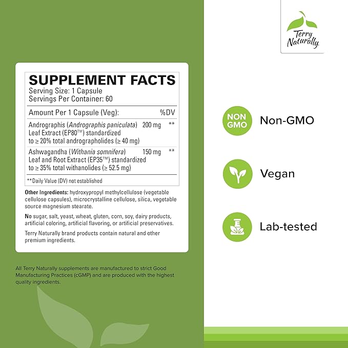 Terry Naturally Andrographis and Ashwagandha - Immune System Support Supplement - Support Energy & Healthy Stress Response - Energy Support Supplement - 60 Capsules (60 Servings)