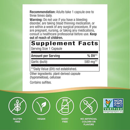 Nature's Way Garlic Bulb, Supports Heart Health*, Non-GMO Project Verified, 580 mg per Serving, Vegan, 100 Capsules (Packaging May Vary)