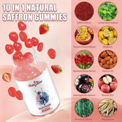 Saffron Gummies for Adults Kids - Organic Saffron Extract Supplement for Men Women Sugar Free for Mood Balance Support Better Sleep Metabolism with Vitamins Non GMO Strawberry Flavored 60 Days Supply