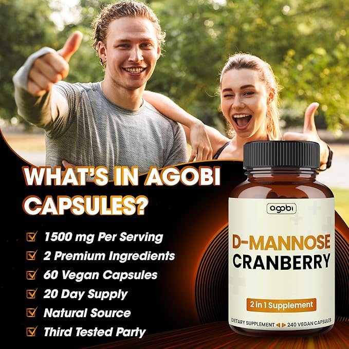 agobi D-Mannose 1300mg with Cranberry 200mg Supplement - 60 Capsules - Support for UTI Health, Immune System & Body Management - Gluten-Free, Non-GMO