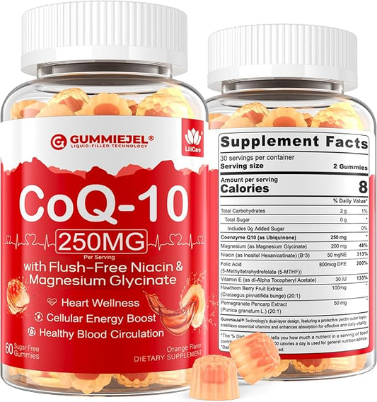 Sugar Free CoQ10 Filled Gummies 250MG, Coenzyme Q10 w/Magnesium Glycinate, Niacin No-Flush Vitamin B3, E & Folic Acid, High Absorption CoQ10 for Cellular Energy & Antioxidant, 120Cts