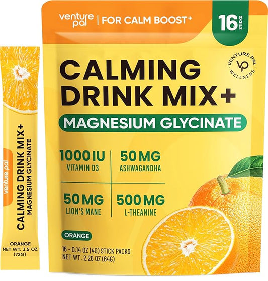 Venture Pal Magnesium Glycinate Powdered Calming Drink Mix with Ashwagandha, Vitamin D, L-Theanine, Lions Mane, Sugar Free Magnesium Supplement Blend for Calm, Relax & Focus, Non GMO, Vegan, 16 Sticks