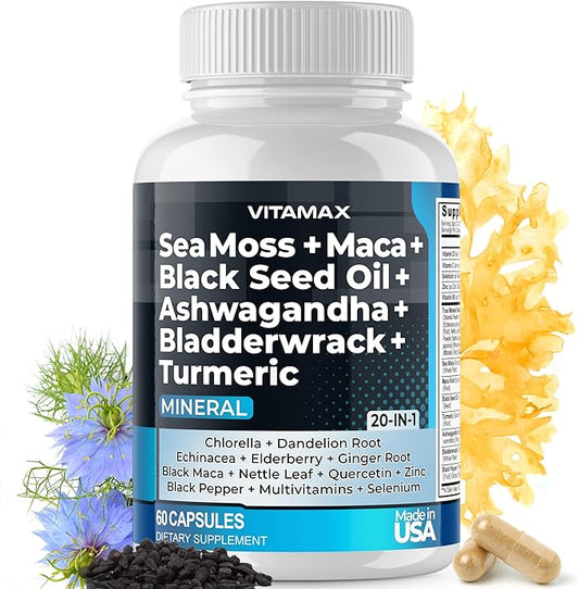 Sea Moss Maca Black Seed Oil Ashwagandha Bladderwrack Turmeric - Manuka Honey, Elderberry, Vitamin C & D3, Dandelion & Black Pepper - Non-GMO - Vegan - Made in USA - 60ct