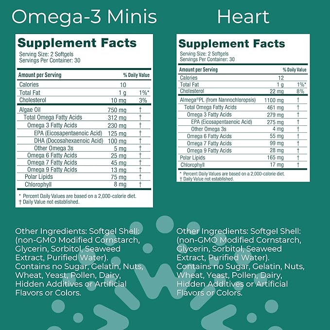 Iwi Omega-3 Minis & Heart Omega-3 Bundle, 30 Servings, Vegan Plant-Based Algae Omega 3, Krill & Fish Oil Alternative, No Fishy Aftertaste
