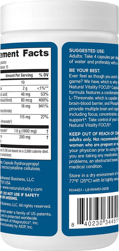 Natural Vitality Focus, Magnesium L-Threonate and Phosphatidylserine Nootropic Brain Supplements for Memory, Focus, and Cognition, Gluten Free, Vegetarian, 60 Capsules