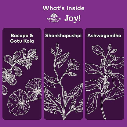 ORGANIC INDIA Joy Herbal Supplement - Immune Support, Promotes Memory & Concentration, Vegan, Gluten-Free, Kosher, USDA Certified Organic, Non-GMO, Calming - 90 Capsules