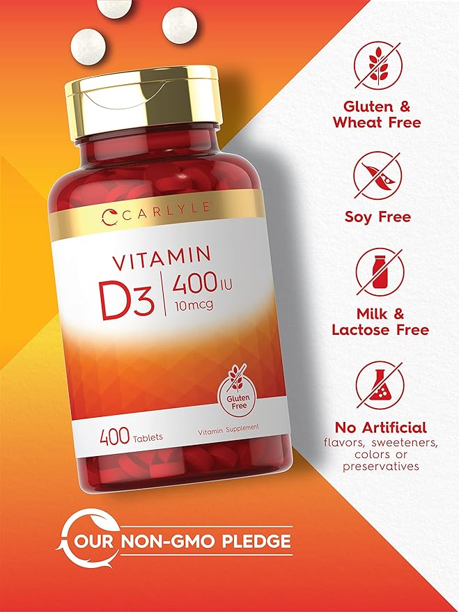 Carlyle Vitamin D3 400iu (10mcg) | 400 Tablets | Value Size | Vegetarian, Non-GMO, and Gluten Free Formula | Vitamin D Supplement