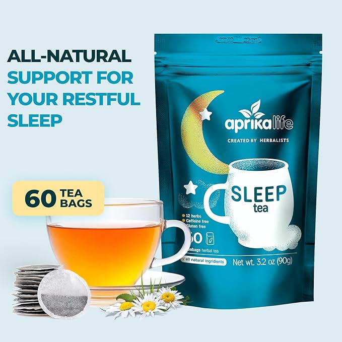 Aprika Life Sleep Tea for Bedtime Relaxation & Stress Relief – Natural Caffeine-Free Herbal Nighttime Tea with Chamomile, Lavender, Mint & Hibiscus – No Melatonin Sleep Aid – Relaxing Tea Bags 60 Pack