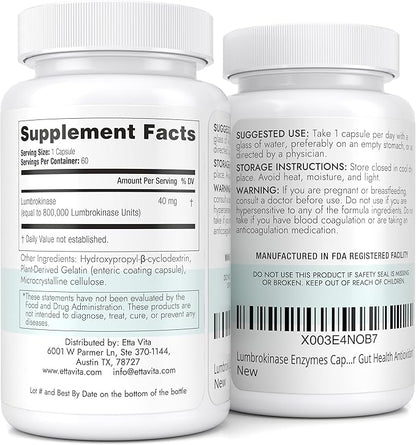 Potent Lumbrokinase Supplement 40mg/Serving (Max Activity - 800,000 Units) - Lumbrokinase Enzymes Capsules for Energy Support, Digestion, Detox, Cognition & Gut Health - Similar to Nattokinase