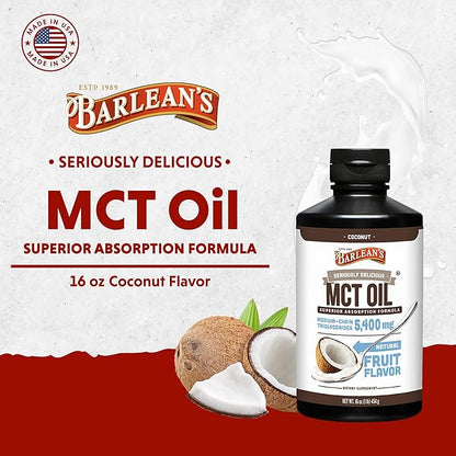 Barlean's MCT Oil Supplement, Coconut Flavored for Keto Coffee, Emulsified Creamy Liquid Syrup with 5,400mg Plant-Based MCT's to Support Energy, Focus and Wellness, 16 oz