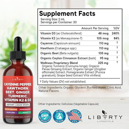 Cayenne Pepper Supplement Liquid Drops + Hawthorn Berry, Vitamin D3 K2 Beet Root Powder, Ceylon Cinnamon, Turmeric Curcumin, Organic Panax Ginseng - 2oz
