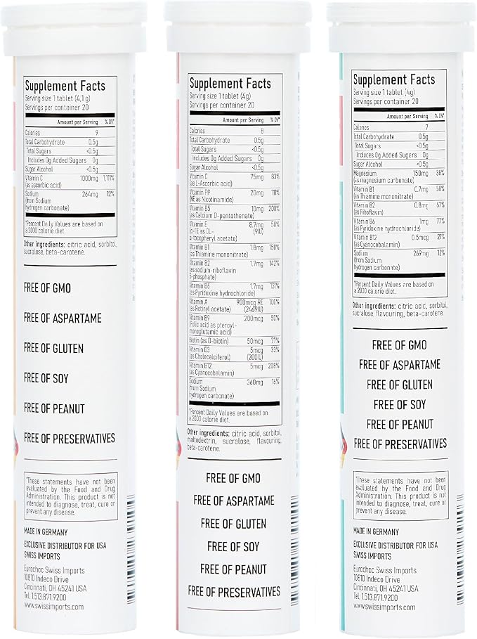 Effervescent Variety Pack with Vitamin C 1000mg, Magnesium + B Complex, Multivitamin + Biotin, 3-Pack, 60 Tablets