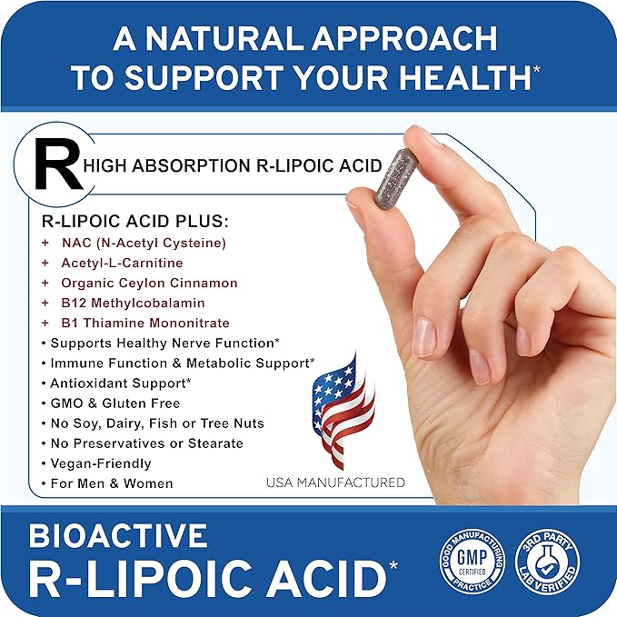 HIGH ABSORPION R-LIPOIC Acid - Supports Nerve Health - Tingling Fingers, Hands, Toes & Feet - Supports Healthy Aging, Cardiovascular Health & Overall Wellbeing* - 60 Vegan Capsules
