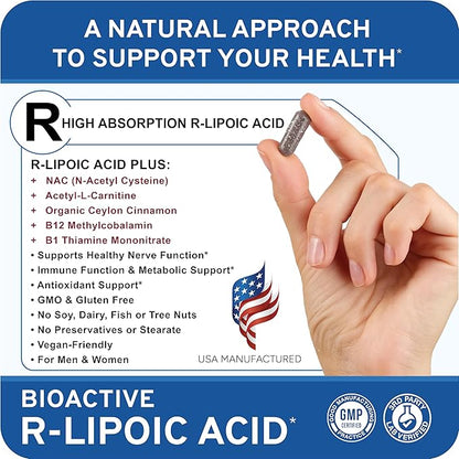 HIGH ABSORPION R-LIPOIC Acid - Supports Nerve Health - Tingling Fingers, Hands, Toes & Feet - Supports Healthy Aging, Cardiovascular Health & Overall Wellbeing* - 60 Vegan Capsules