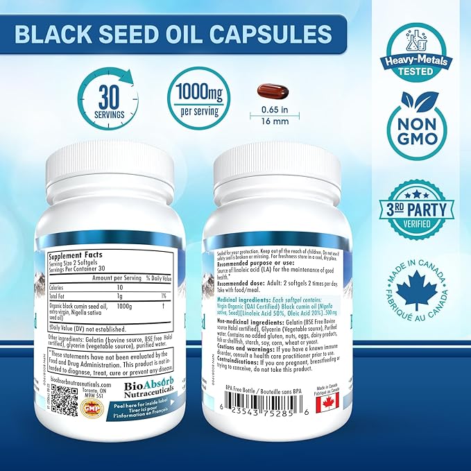 Bio Absorb Black Seed Oil Capsules, Cold Pressed Pure Black Cumin Seed Oil (Nigella Sativa Oil) (60 softgels, 500mg)