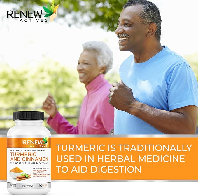Renew Actives Organic Turmeric 474MG & Cinnamon 50MG per 2 Capsules – with Curcumin & BioPerine for Absorption – Supports Metabolism, Joint Health & Digestion – Made in Canada – 120 Capsules