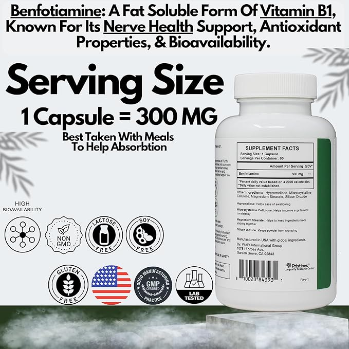 PRISTINE'S Benfotiamine 300mg High Bioavailability Nerve Support Supplement - 60 Day Supply - Fat Soluble Vitamin B1 Supplements - Vegan - Non-GMO