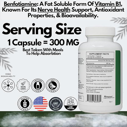 PRISTINE'S Benfotiamine 300mg High Bioavailability Nerve Support Supplement - 60 Day Supply - Fat Soluble Vitamin B1 Supplements - Vegan - Non-GMO