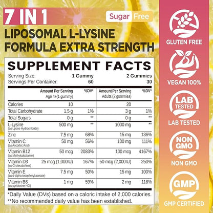 Liposomal L-Lysine Gummies 1000mg, Lysine Chewable Supplements for Kids & Adults, Lysine with Zinc & Vitamins, Lips & Oral Health, Immune Support, Sugar-Free, Lemon Flavor, 60 Ct