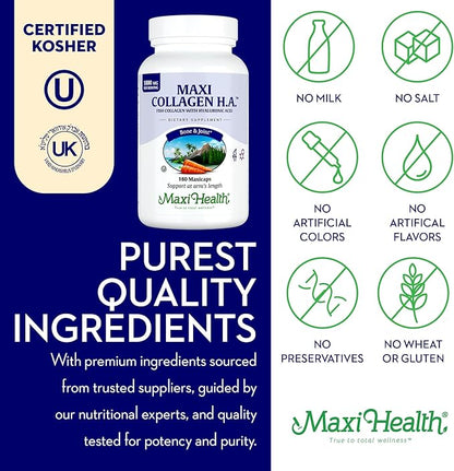 Maxi Health Collagen with Hyaluronic Acid Capsules - 1.5X More Efficient Absorption - Kosher Type I Hydrolyzed Marine Collagen Capsules Hyaluronic Acid Supplements for Hair, Skin, 180 Count