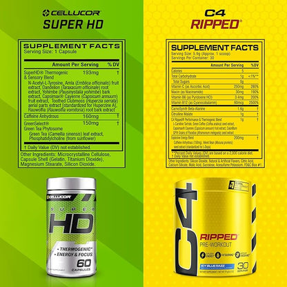 C4 Ripped & SuperHD, The Thermogenic Bundle, C4 Ripped Pre Workout Powder, ICY Blue Razz 30 Servings + SuperHD with Capsimax and Green Tea Extract, 60 Servings