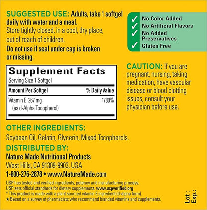 Nature Made Vitamin E 267 mg (400 IU) d-Alpha, Dietary Supplement for Antioxidant Support, 100 Softgels, 100 Day Supply