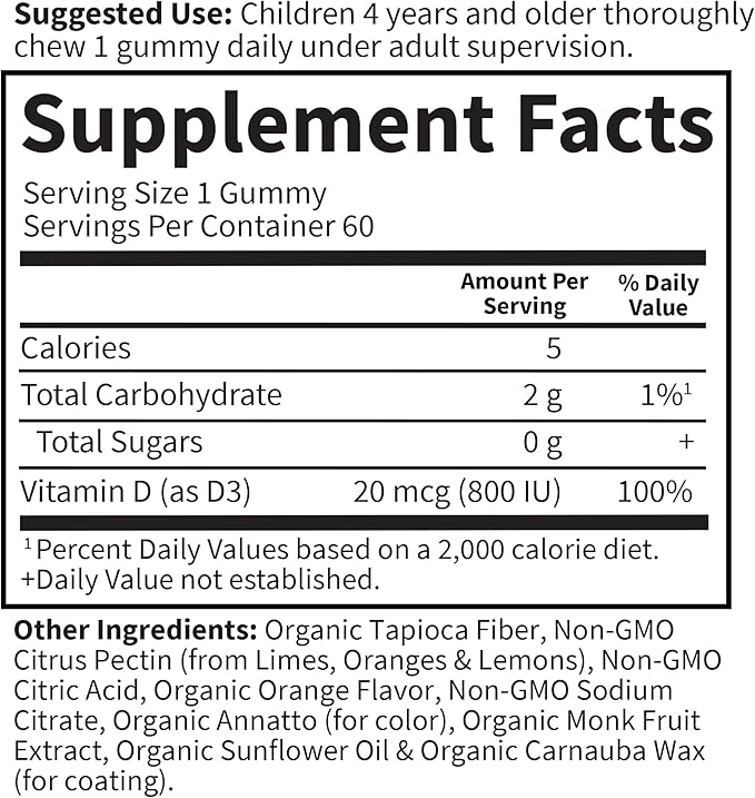 Garden of Life Kids Organic Vitamin D3 Gummies with 800 IU (100% Daily Value) for Strong Bones, Teeth, Brain & Immunity – Non-GMO, No Gluten, Vegetarian, Sugar Free, Orange Flavor, 60 Servings