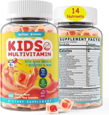 Sugar Free Kids Multivitamin Gummies with Iron, Probiotics, Vegan Omega 3 (EPA/DHA), Kids Daily Vitamins A, C, D, B Complex, Zinc for Healthy Growth, Immune, Brain, Bone, Orange Flavor, 60 Counts