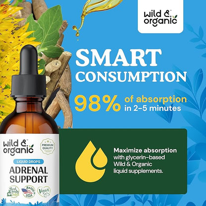 Wild & Organic Adrenal Support Tincture for Positive Outlook - Adrenal Complex with Ashwagandha, Rhodiola Rosea Root - 1-Month Supply - Vegan, No Sugar & Alcohol - 2 fl oz