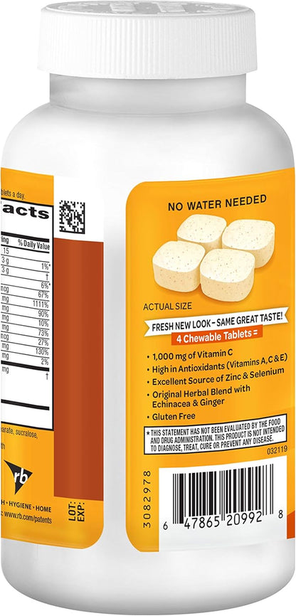 Airborne Vitamin C 1000mg (per Serving) - Citrus Chewable Tablets (116 Count in a Bottle), Gluten-Free Immune Support Supplement, with Vitamins A C E, Zinc, Selenium, Echinacea, Ginger, Antioxidants