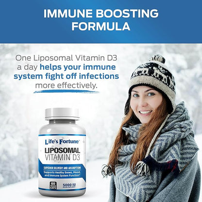 Life's Fortune Liposomal Vitamin D3 5000 IU Supplement Non-GMO, High Absorption, Supports Healthy Bones Mood and Immune System Function, 60 Veggie Caps