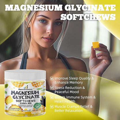 Magnesium Glycinate Soft Chews, Pineapple Flavor.Chewable Sugar Free Potassium Magnesium Chews with Magnesium Glycinate, Vitamin D, B6, and CoQ10 for Calm Support & Sleep for Adults, 60 Days Supply
