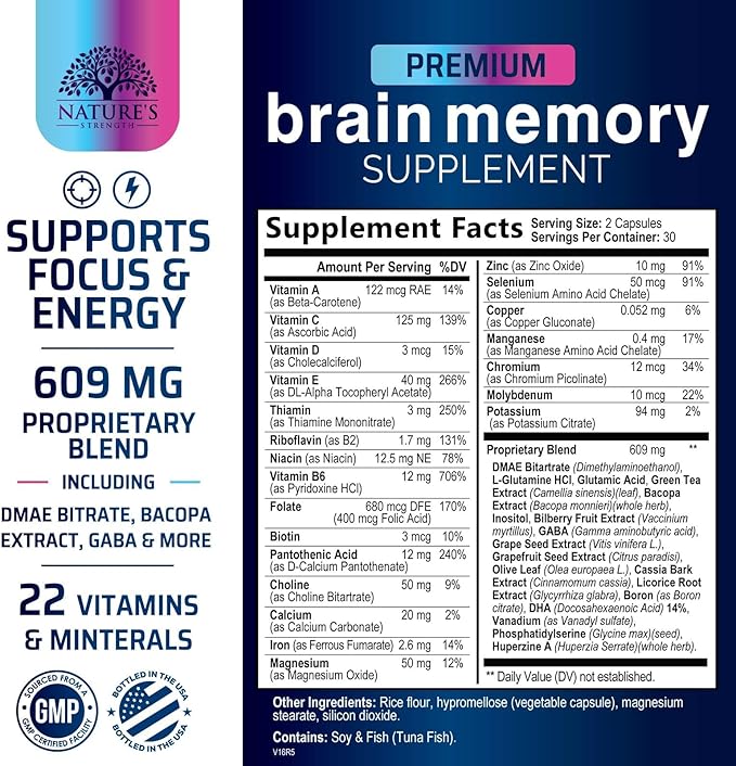 Brain Supplements for Memory and Focus - Advanced Cognitive Formula to Support Concentration, Energy, Clarity - Brain Health Memory Vitamins with Bacopa, Phosphatidylserine, DMAE & More - 60 Capsules