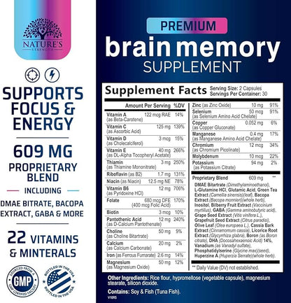 Brain Supplements for Memory and Focus - Advanced Cognitive Formula to Support Concentration, Energy, Clarity - Brain Health Memory Vitamins with Bacopa, Phosphatidylserine, DMAE & More - 60 Capsules