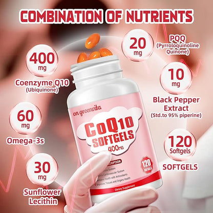 CoQ10-400mg-Softgels with PQQ, BioPerine & Omega-3, Coenzyme Q10(Ubiquinone) Supplement for High-Absorption, Powerful-Antioxidant, Support Heart & Energy-Production, 120 Servings