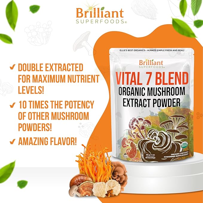 Ellie's Best 7 Mushroom Powder Extract Organic Blend - Reishi, Lion's Mane, Chaga, Turkey Tail, Cordyceps, Maitake & Shiitake - Double Extracted - Pure No Fillers - 8oz / 228 1g Servings……