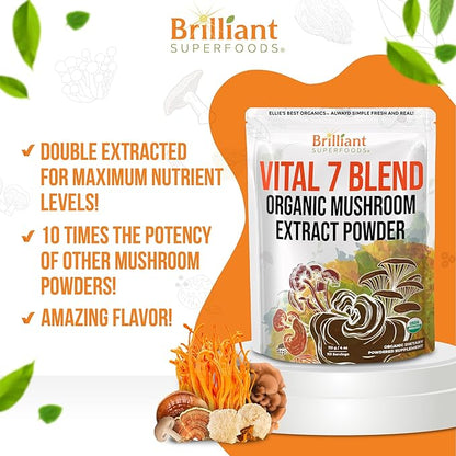 Ellie's Best 7 Mushroom Powder Extract Organic Blend - Reishi, Lion's Mane, Chaga, Turkey Tail, Cordyceps, Maitake & Shiitake - Double Extracted - Pure No Fillers - 8oz / 228 1g Servings……