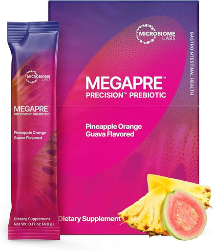 Microbiome Labs MegaPre Prebiotic Fiber Powder for Women, Men & Kids - Pre-Dosed Prebiotic Fiber Supplement Powder with Clinically Tested Oligosaccharides - Pineapple Orange Guava (30 Drink Packets)