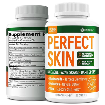 Perfect Skin Acne Capsules – Niacinamide, Biotin, Vitamin A & Probiotics for Teens & Adults – 13 Powerful Ingredients for Face Acne, Acne Scars & Dark Spots – 60 Vegan Capsules, Made in the USA