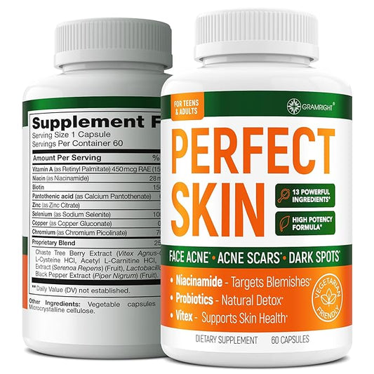 Perfect Skin Acne Capsules – Niacinamide, Biotin, Vitamin A & Probiotics for Teens & Adults – 13 Powerful Ingredients for Face Acne, Acne Scars & Dark Spots – 60 Vegan Capsules, Made in the USA