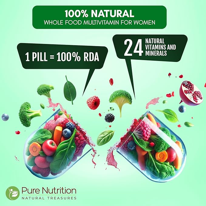 Pure Nutrition Whole Food Multivitamin for Women | 90 Tabs | One-A-Day | 100% RDA | 24 Natural Vitamins and Minerals | All Natural Plant Based Women's Multivitamin | 3 Months Supply