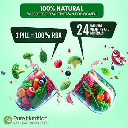 Pure Nutrition Whole Food Multivitamin for Women | 60 Tabs | One-A-Day | 100% RDA | 24 Natural Vitamins and Minerals | All Natural Plant Based Women's Multivitamin | 2 Months Supply