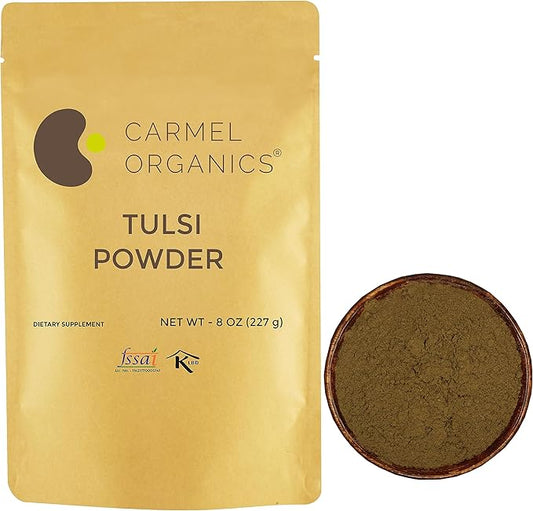 Tulsi Leaves Powder 8 Ounce or 1/2 lb (Pack of 1) | Natural Tulsi Powder | Non-GMO | Kosher | Holy Basil | No Added Preservative. | By Carmel Organics
