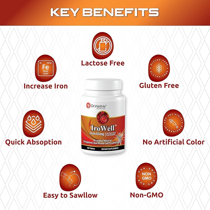 Irowell, The Power of Iron! Made with Ferrous Fumarate, Anion Ferrous Salt, 65mg, 100 Tablets, 100 Day Supply